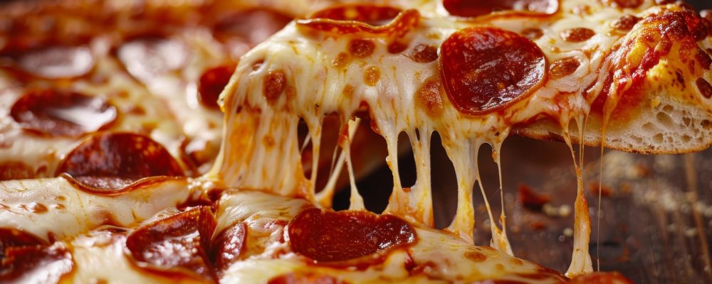 Close-up of a cheesy pepperoni pizza slice being pulled away.