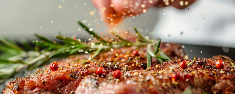 Close-up of chef seasoning Georgian meat dish, isolated on white background