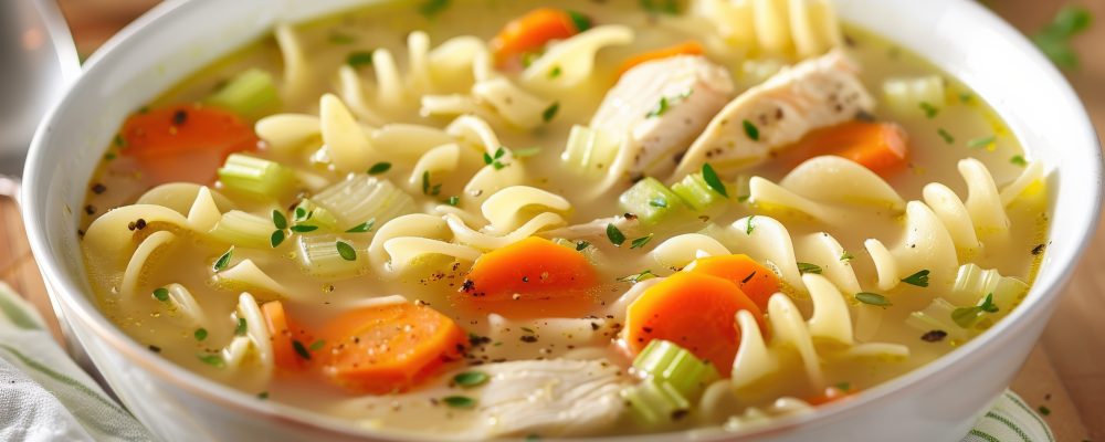 A warm bowl of homemade chicken noodle soup filled with tender chicken, carrots, and celery, perfect for a cozy dinner on a chilly evening