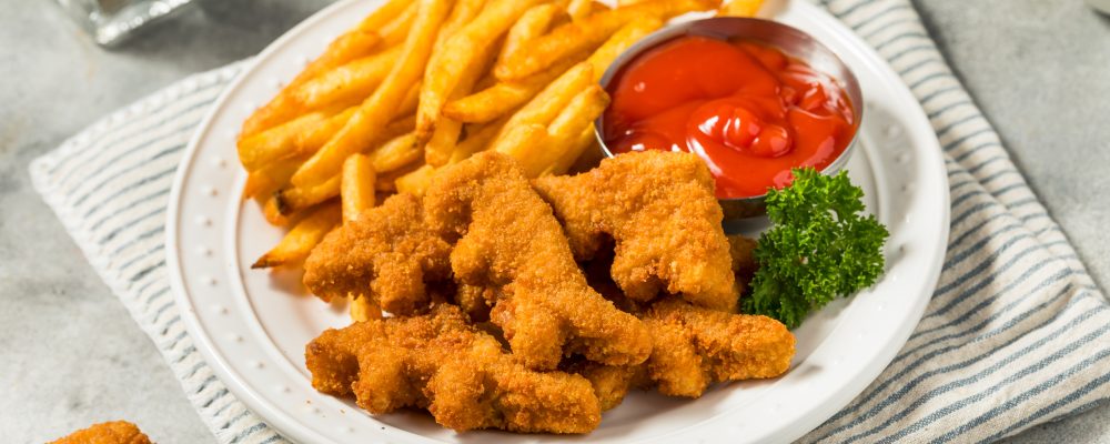 Healthy Kids Dinosaur Chicken Nuggets with Fries and Ketchup