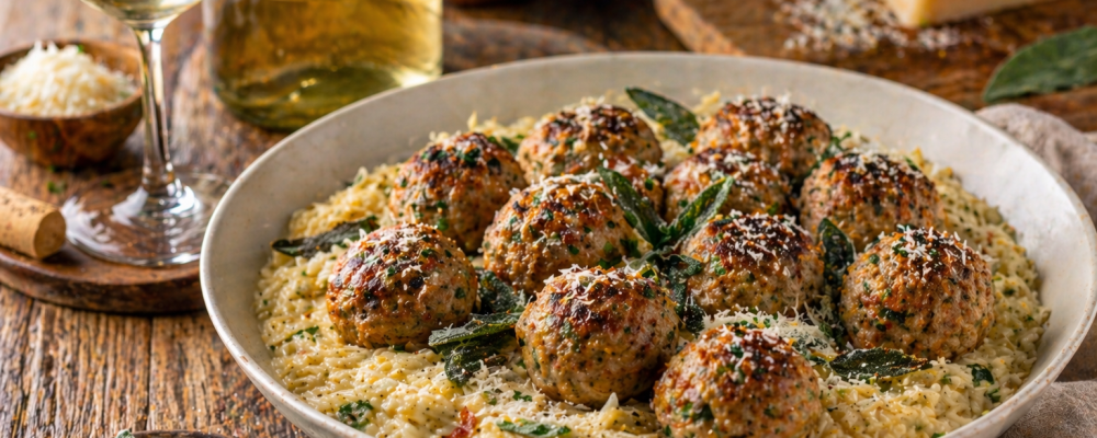 Baked Sage Chicken Meatballs with Parmesan Orzo