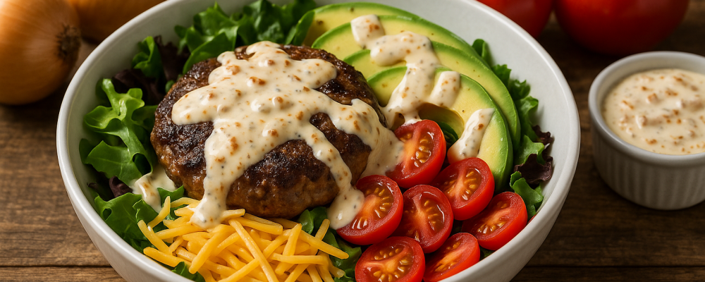 Burger Bowl with Caramelized Onion Aioli