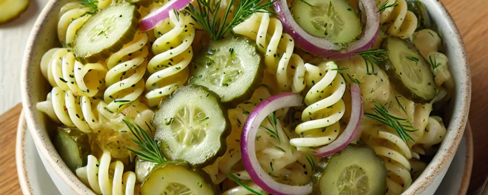 DALL-A-bowl-of-Tangy-Dill-Pickle-Pasta-Salad.-The-salad-features-spiral-pasta-mixed-with-sliced-dill-pickles-red-onions-and-a-creamy-dill-dressing.-The-d