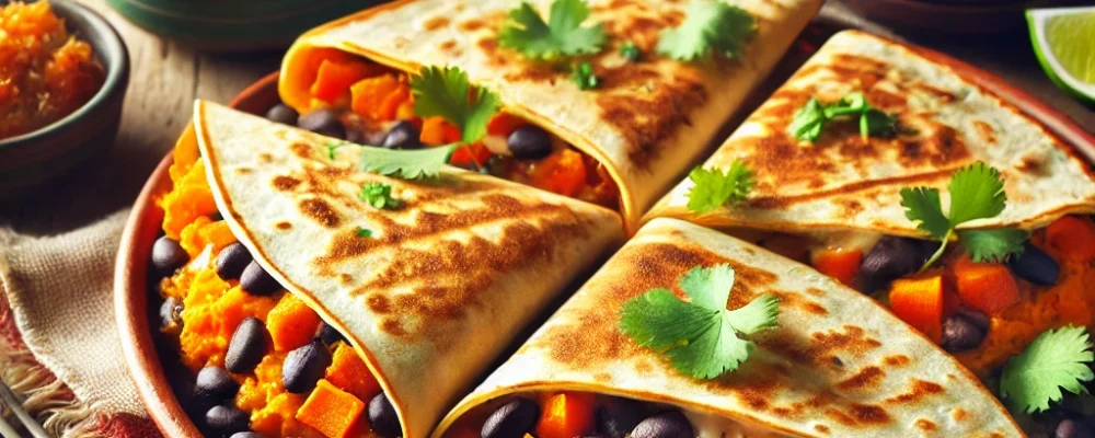 DALL-A vibrant and appetizing presentation of Sweet Potato and Black Bean Quesadillas. The quesadillas are golden brown with crispy edges, stuffed with mas