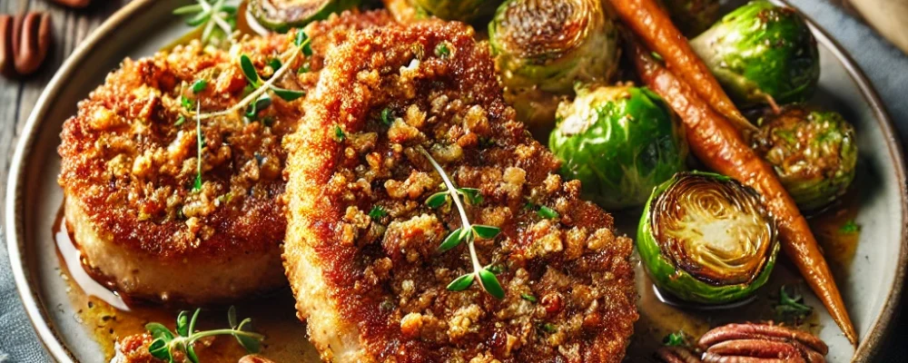 DALL·E-2024-11-01-16.02.29-A-plate-of-Pecan-Crusted-Pork-Chops.-The-pork-chops-are-golden-and-crispy-coated-with-a-flavorful-pecan-crust.-They-are-garnished-with-fresh-herbs-an