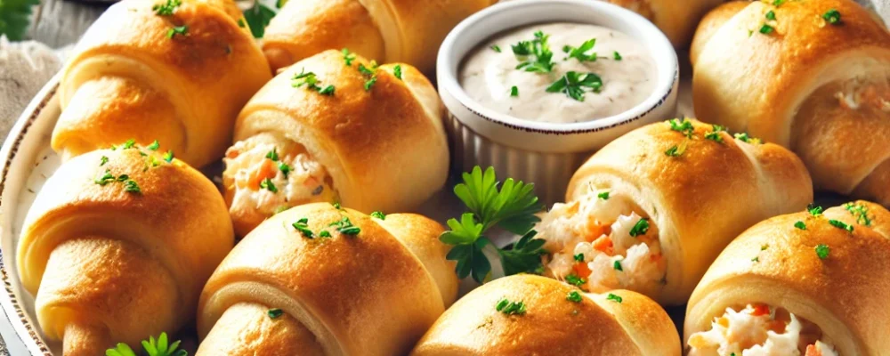 DALL·E 2024-12-12 11.26.57 - A plate of golden-brown Crab Crescents, flaky crescent rolls filled with a creamy crab mixture. The crescents are garnished with fresh parsley and ser