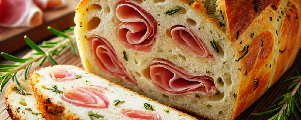 DALL·E 2024-12-12 11.44.52 - A loaf of freshly baked Prosciutto Bread, golden brown with a crusty exterior and visible pieces of prosciutto and herbs baked into the dough. The bre