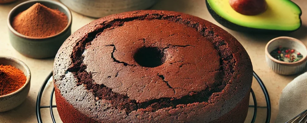 DALL·E 2024-12-23 10.08.45 - A beautifully styled image of a freshly baked chili chocolate avocado cake, cooling on a wire rack. The cake has a rich, dark chocolate texture, with