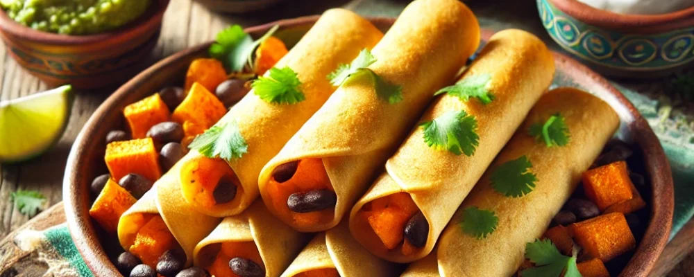 DALL·E 2025-01-06 11.21.26 - A plate of Crispy Vegan Taquitos served on a rustic wooden table. The taquitos are golden and perfectly crisp, filled with a sweet potato and black be