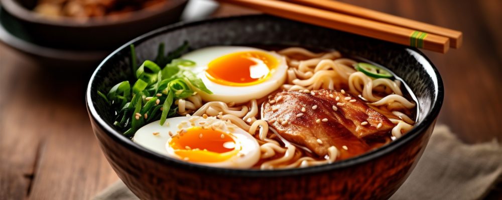food vegetable dish bowl miso chopstick black japanese chinese choi sauce spicey asian pasta soup noodle ramen dinner pak meal green. Generative AI.