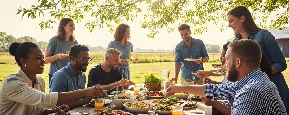 A wide shot of happy men and women sitting at a long wooden table sharing various healthy dishes in a sunny rural field
